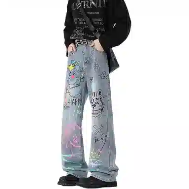 欧迪芬 美式高街涂鸦裤女万圣节穿搭裤子设计感显瘦直筒微喇裤街头帅气牛仔裤 女款