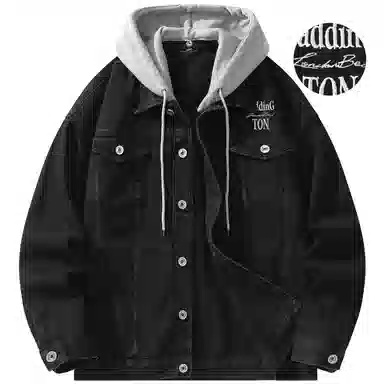 帕丁顿熊 美式基础款绅士小熊字母刺绣假两件连帽可拆卸复古水洗宽松百搭夹克牛仔外套 男女同款