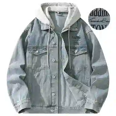 帕丁顿熊 美式基础款绅士小熊字母刺绣假两件连帽可拆卸复古水洗宽松百搭夹克牛仔外套 男女同款