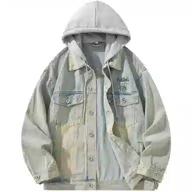 帕丁顿熊 美式基础款绅士小熊字母刺绣假两件连帽可拆卸复古水洗宽松百搭夹克牛仔外套 男女同款