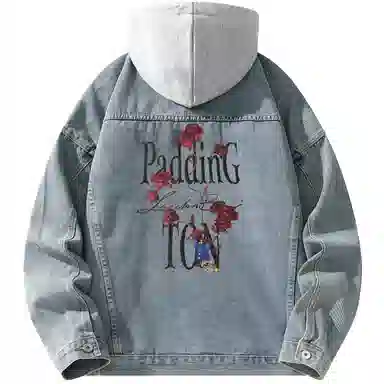 帕丁顿熊 美式基础款绅士小熊字母刺绣假两件连帽可拆卸复古水洗宽松百搭夹克牛仔外套 男女同款