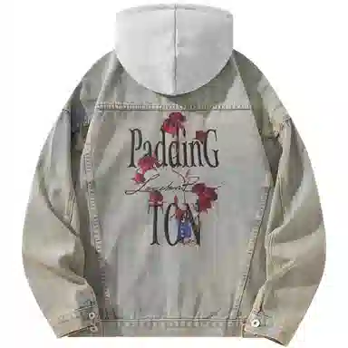 帕丁顿熊 美式基础款绅士小熊字母刺绣假两件连帽可拆卸复古水洗宽松百搭夹克牛仔外套 男女同款