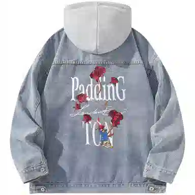 帕丁顿熊 美式基础款绅士小熊字母刺绣假两件连帽可拆卸复古水洗宽松百搭夹克牛仔外套 男女同款