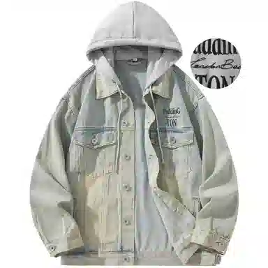 帕丁顿熊 美式基础款绅士小熊字母刺绣假两件连帽可拆卸复古水洗宽松百搭夹克牛仔外套 男女同款