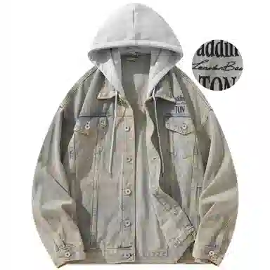 帕丁顿熊 美式基础款绅士小熊字母刺绣假两件连帽可拆卸复古水洗宽松百搭夹克牛仔外套 男女同款