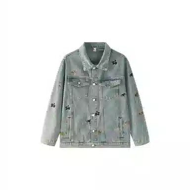 欧迪芬 卡通小狗刺绣水洗男女宽松潮复古学院风上衣痞帅夹克高街趣味时尚牛仔外套 女款