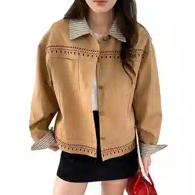 兰缪 设计师款小众独特早秋民族风刺绣条纹翻领休闲外套夹克  女款