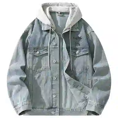 帕丁顿熊 美式基础款绅士小熊字母刺绣假两件连帽可拆卸复古水洗宽松百搭夹克牛仔外套 男女同款