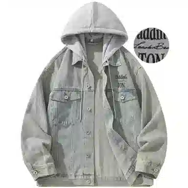 帕丁顿熊 美式基础款绅士小熊字母刺绣假两件连帽可拆卸复古水洗宽松百搭夹克牛仔外套 男女同款