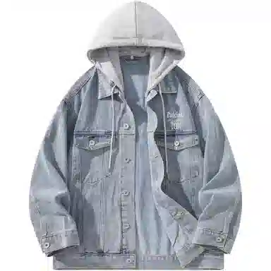 帕丁顿熊 美式基础款绅士小熊字母刺绣假两件连帽可拆卸复古水洗宽松百搭夹克牛仔外套 男女同款