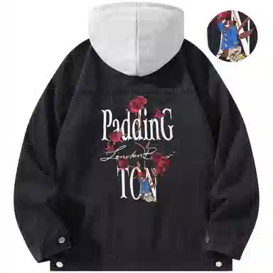 帕丁顿熊 美式基础款绅士小熊字母刺绣假两件连帽可拆卸复古水洗宽松百搭夹克牛仔外套 男女同款