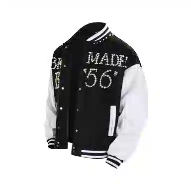 美式复古小众设计感钉珠拼接撞色宽松毛呢夹克外套棒球服 男女同款