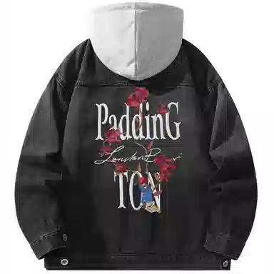 帕丁顿熊 美式基础款绅士小熊字母刺绣假两件连帽可拆卸复古水洗宽松百搭夹克牛仔外套 男女同款