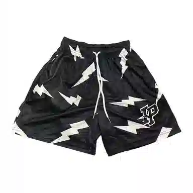 泡泡陷阱 美式高街复古黑色闪电图案印花健身训练休闲时尚运动速干短裤篮球裤 男女同款