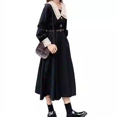 兰缪 大码法式复古少女中长款秋款显瘦小黑裙长袖连衣裙 女款