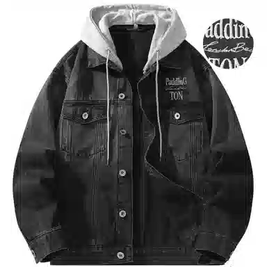 帕丁顿熊 美式基础款绅士小熊字母刺绣假两件连帽可拆卸复古水洗宽松百搭夹克牛仔外套 男女同款