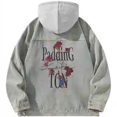 帕丁顿熊 美式基础款绅士小熊字母刺绣假两件连帽可拆卸复古水洗宽松百搭夹克牛仔外套 男女同款