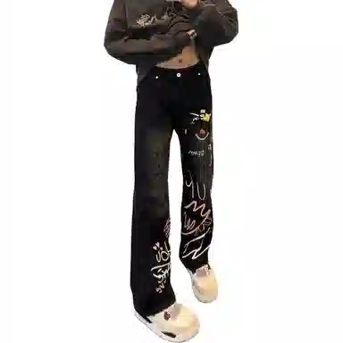 欧迪芬 美式高街涂鸦裤女万圣节穿搭裤子设计感显瘦直筒微喇裤街头帅气牛仔裤 女款