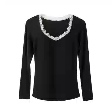 内在密码 带胸垫内衣女秋冬打底衫贴身内搭法式赫本领蕾丝拼接长袖保暖上装 女款