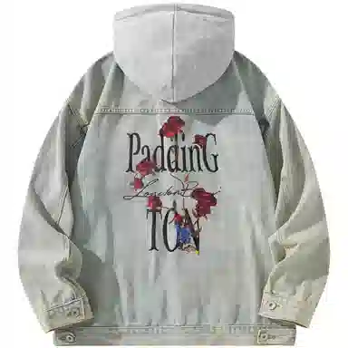 帕丁顿熊 美式基础款绅士小熊字母刺绣假两件连帽可拆卸复古水洗宽松百搭夹克牛仔外套 男女同款