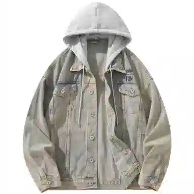 帕丁顿熊 美式基础款绅士小熊字母刺绣假两件连帽可拆卸复古水洗宽松百搭夹克牛仔外套 男女同款