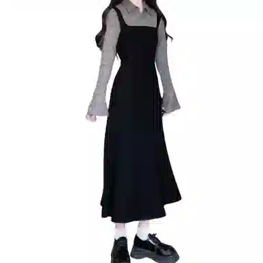 兰缪 高级感法式气质长裙韩系假两件长袖连衣裙 女款