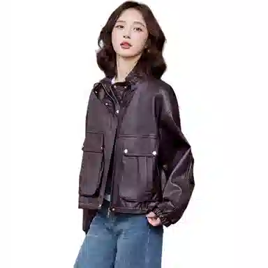 袋鼠 韩系别致御姐风又酷又飒立领外套皮衣 女款