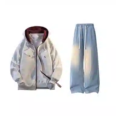 【拼色连帽开衫牛仔裤一套】布客行 撞色拉链高街休闲风大码宽松落肩保暖运动外套抽绳松紧腰水洗做旧港风简约百搭长裤卫衣套装 男女同款