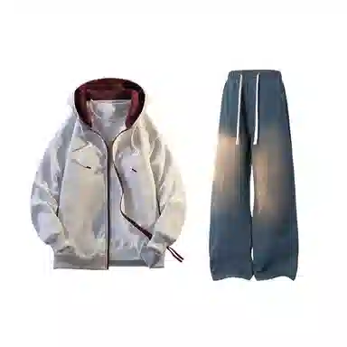 【拼色连帽开衫牛仔裤一套】布客行 撞色拉链高街休闲风大码宽松落肩保暖运动外套抽绳松紧腰水洗做旧港风简约百搭长裤卫衣套装 男女同款