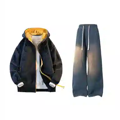 【拼色连帽开衫牛仔裤一套】布客行 撞色拉链高街休闲风大码宽松落肩保暖运动外套抽绳松紧腰水洗做旧港风简约百搭长裤卫衣套装 男女同款