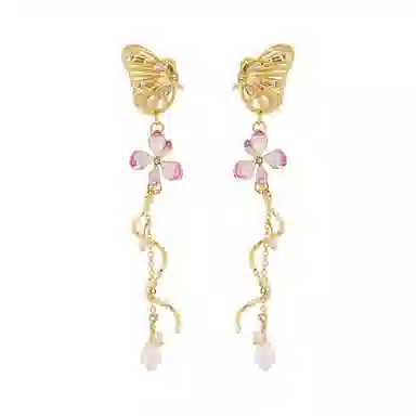 彤彤兔 梦幻不对称蝴蝶花朵耳环女复古耳坠超仙耳饰品#好运 合金树脂 耳钉 女款