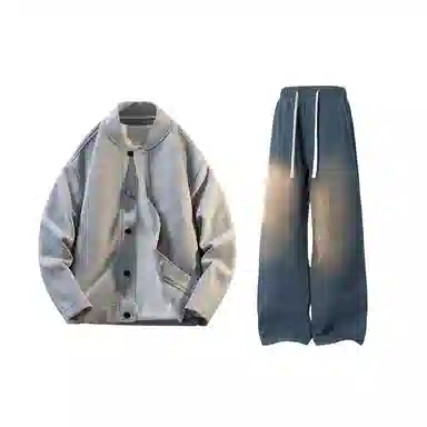 【纯色棒球领开衫牛仔裤一套】布客行 美式长袖开襟外套法式慵懒风百搭舒适学院风抽绳水洗复古做旧简约高街休闲卫衣套装 男女同款