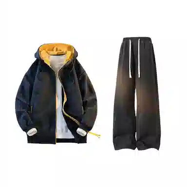 【拼色连帽开衫牛仔裤一套】布客行 撞色拉链高街休闲风大码宽松落肩保暖运动外套抽绳松紧腰水洗做旧港风简约百搭长裤卫衣套装 男女同款