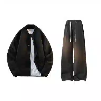 【纯色棒球领开衫牛仔裤一套】布客行 美式长袖开襟外套法式慵懒风百搭舒适学院风抽绳水洗复古做旧简约高街休闲卫衣套装 男女同款