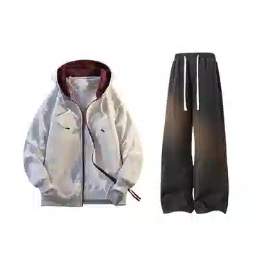 【拼色连帽开衫牛仔裤一套】布客行 撞色拉链高街休闲风大码宽松落肩保暖运动外套抽绳松紧腰水洗做旧港风简约百搭长裤卫衣套装 男女同款