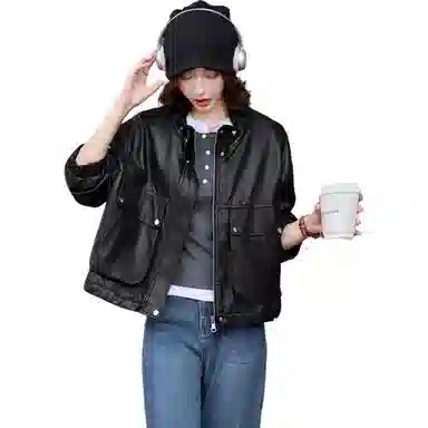 袋鼠 韩系别致御姐风又酷又飒立领外套皮衣 女款