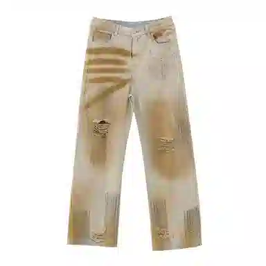 欧迪芬 高街破洞做旧水洗裤女高腰宽松显瘦阔腿裤垂感舒适时尚个性潮流牛仔裤 女款