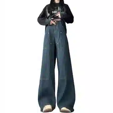 欧迪芬 高腰工装复古春秋直筒拼接阔腿垂感柳钉拖地牛仔裤 男女同款