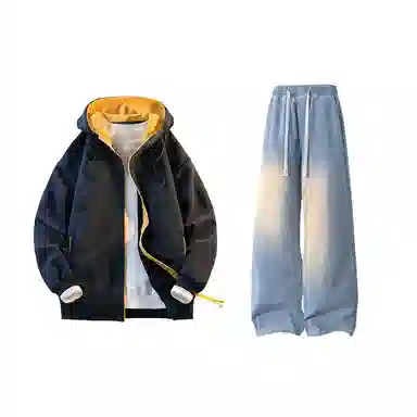 【拼色连帽开衫牛仔裤一套】布客行 撞色拉链高街休闲风大码宽松落肩保暖运动外套抽绳松紧腰水洗做旧港风简约百搭长裤卫衣套装 男女同款