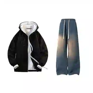 【拼色连帽开衫牛仔裤一套】布客行 撞色拉链高街休闲风大码宽松落肩保暖运动外套抽绳松紧腰水洗做旧港风简约百搭长裤卫衣套装 男女同款