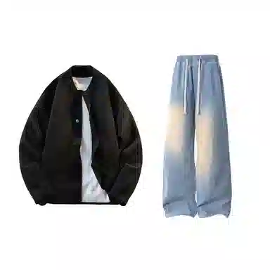 【纯色棒球领开衫牛仔裤一套】布客行 美式长袖开襟外套法式慵懒风百搭舒适学院风抽绳水洗复古做旧简约高街休闲卫衣套装 男女同款