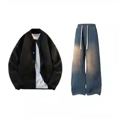 【纯色棒球领开衫牛仔裤一套】布客行 美式长袖开襟外套法式慵懒风百搭舒适学院风抽绳水洗复古做旧简约高街休闲卫衣套装 男女同款