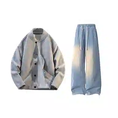 【纯色棒球领开衫牛仔裤一套】布客行 美式长袖开襟外套法式慵懒风百搭舒适学院风抽绳水洗复古做旧简约高街休闲卫衣套装 男女同款