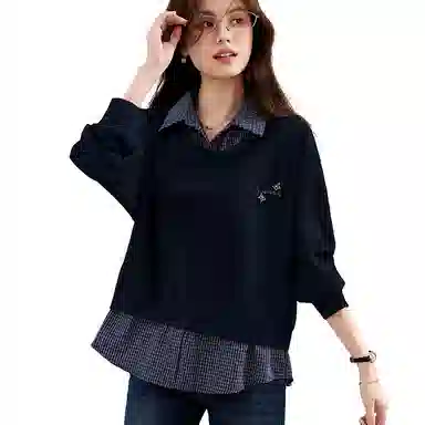VICTORIA&VERA Plaid Shirt Collar Sweatshirt