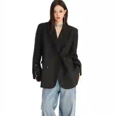 兰缪 休闲风格高级气质双排扣经典戗驳领长袖宽松复古女外套西装 女款