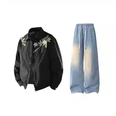 【万针刺绣立体花卉两面穿夹克牛仔裤一套】布客行 翻领拉链美式潮牌长袖外套抽绳港风宽松阔腿水洗做旧长裤休闲运动套装 男女同款