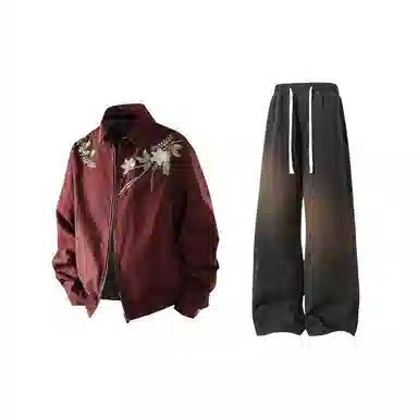 【万针刺绣立体花卉两面穿夹克牛仔裤一套】布客行 翻领拉链美式潮牌长袖外套抽绳港风宽松阔腿水洗做旧长裤休闲运动套装 男女同款