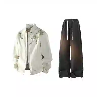 【万针刺绣立体花卉两面穿夹克牛仔裤一套】布客行 翻领拉链美式潮牌长袖外套抽绳港风宽松阔腿水洗做旧长裤休闲运动套装 男女同款