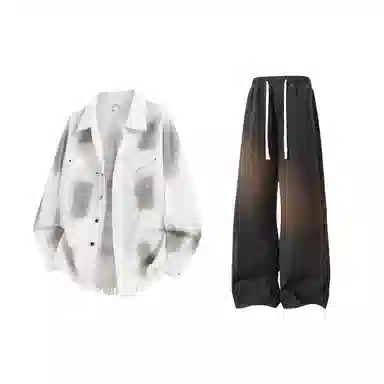 【扎染脏脏牛仔外套裤子一套】布客行 港风潮流别背面字母印花高街大码百搭抽绳水洗做旧阔腿舒适长裤休闲运动套装 男女同款