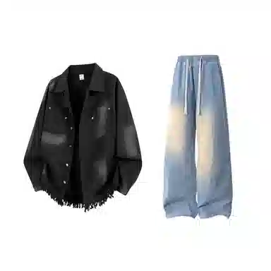 【扎染脏脏牛仔外套裤子一套】布客行 港风潮流别背面字母印花高街大码百搭抽绳水洗做旧阔腿舒适长裤休闲运动套装 男女同款